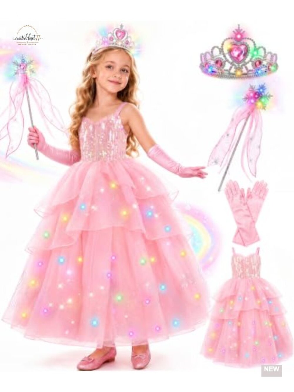 Girls Princess Costume Light-Up Dress Crown Wand Tulle Dress Up